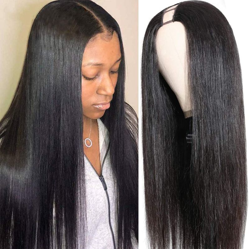 Photo 1 of 18 Inch U Part Human Hair Wigs for Black Women Straight Beginner Friendly Unprocessed Brazilian Virgin Human Hair Wig Glueless Hair 150% Density Natural Color