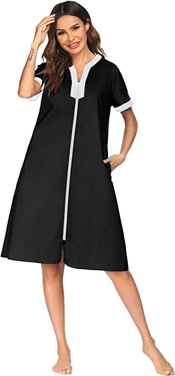 Photo 1 of Ekouaer Housecoat Women Zipper Front Duster Robe Short Sleeve Lounger Housedress Pockets Nightgown Casual Nights, SIZE XXL