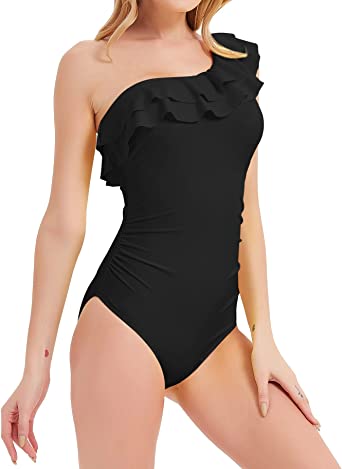 Photo 1 of Annbon Women's One Piece Swimsuits One Shoulder Bathing Suits Asymmetric Ruffle Monokinis Swimwear, SIZE XL