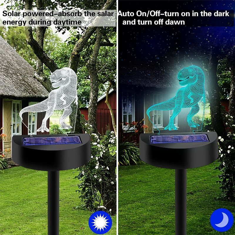 Photo 3 of 3D Solar Lawn Lights,Twosnails LED Outdoor Solar Lights Decorative 5 Colors Changing as Gifts for Kids Girls Boys, Beautiful Solar Flower Lights for Pathway Patio Yard Deck Walkway (Dinosaur Unicorn)