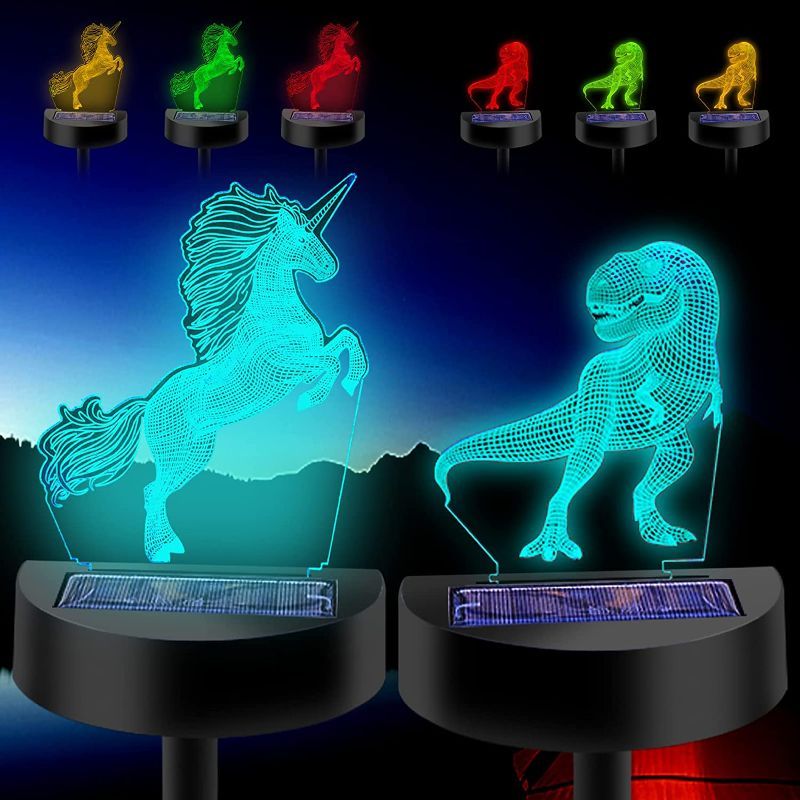 Photo 1 of 3D Solar Lawn Lights,Twosnails LED Outdoor Solar Lights Decorative 5 Colors Changing as Gifts for Kids Girls Boys, Beautiful Solar Flower Lights for Pathway Patio Yard Deck Walkway (Dinosaur Unicorn)