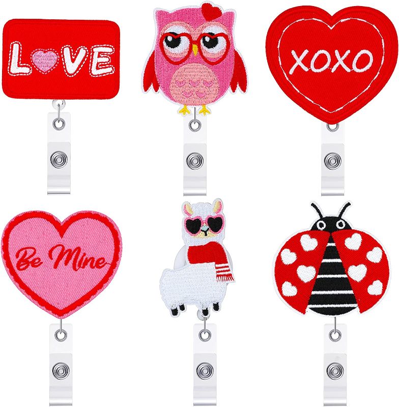 Photo 1 of 6 Pieces Valentines Badge Reel Felt Retractable Christmas Day Badge Reel XOXO Heart ID Badge Holder with Alligator Clip Nursing Name Tag Clip for Wife, Husband, Office Worker, Nurse, 6 Styles
