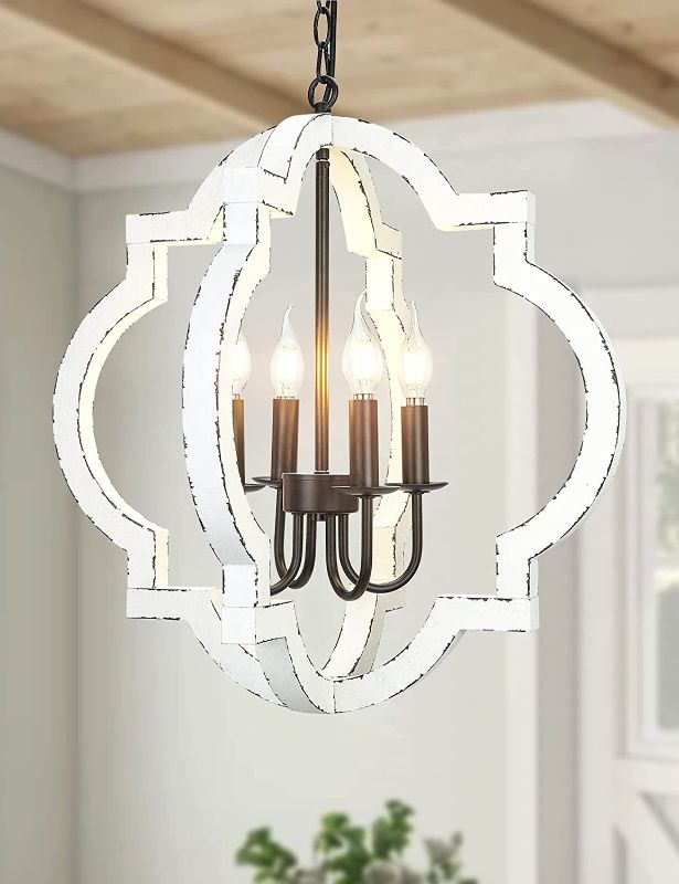 Photo 1 of 21.7" Farmhouse Wood Chandelier Light Fixture, 4-Light Handmade Distressed White Geometric Hanging Pendant Lighting for Dining Room, Kitchen Island, Entryway, stairwell (Colour: White)