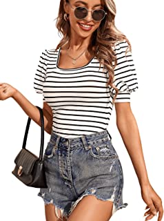 Photo 1 of  SheIn Women's Casual Striped Print Puff Sleeve Tee Scoop Neck Slim Fit T Shirt Tops