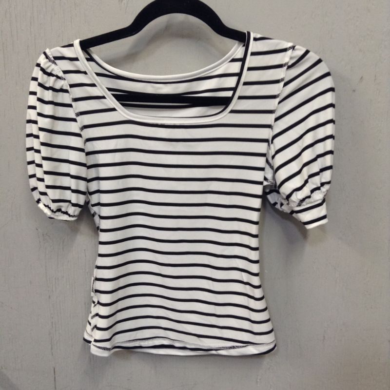 Photo 2 of  SheIn Women's Casual Striped Print Puff Sleeve Tee Scoop Neck Slim Fit T Shirt Tops