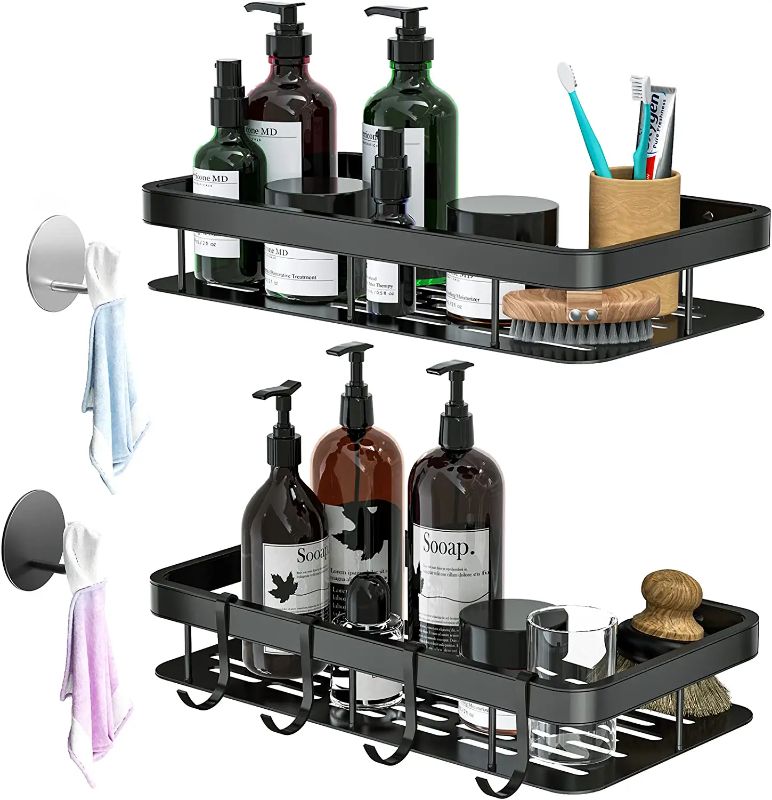 Photo 1 of Adhesive Shower Caddy with Hooks, No Drilling Stainless Steel Shower Caddy for Bathroom Kitchen Storage (Black)