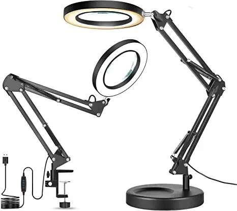 Photo 1 of Magnifying Desk Lamp with Clamp, 2-in-1 Dimmable Daylight Bright LED Magnifying Lamp with Stand, 3 Color Modes Magnifier Lighted Glass Lens Swivel Arm Light for for Reading, Craft