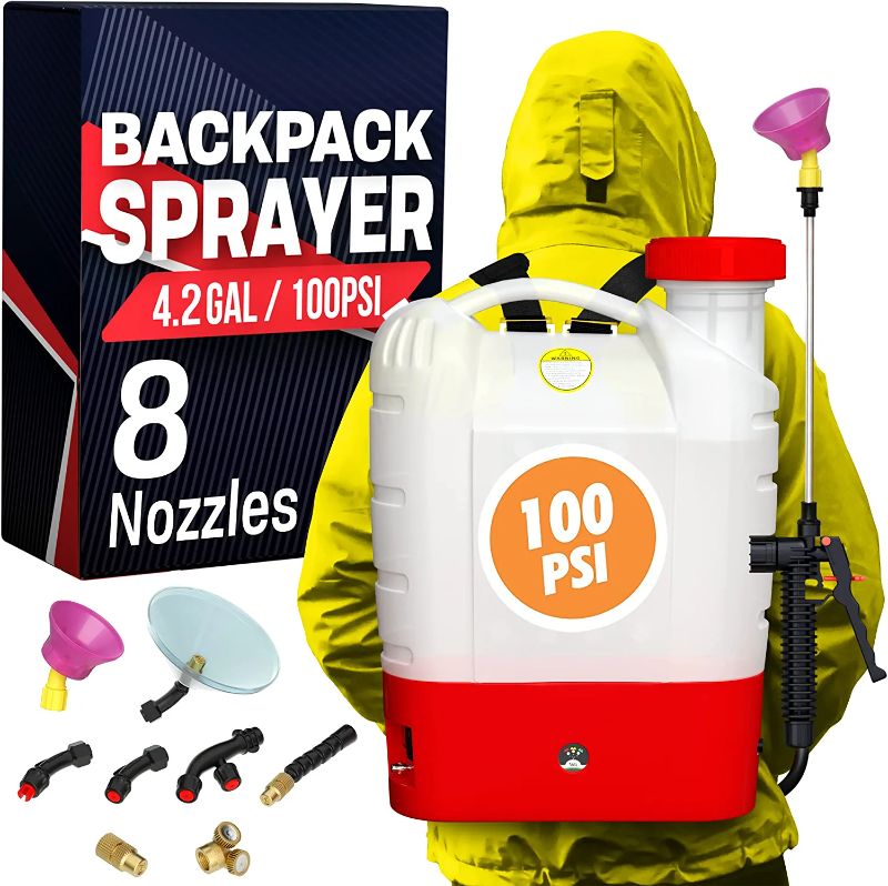 Photo 1 of 4.2 Gallon Battery Powered Backpack Sprayer - 8 Nozzles, 240ml Measuring Bottle, 100PSI Cutoff Pressure, Long Battery Life, Wide Mouth, High-Pressure Spray Hose, Trigger Lock, Pressure Knob Controller
