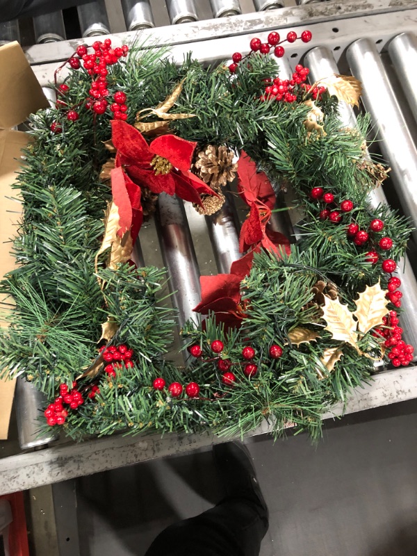 Photo 1 of 24 IN Christmas-Wreath,Christmas-Wreaths-for-Front-Door,Pre-Lit-Christmas-Decorations Door Wreath with 50 LED Lights,Poinsettia Flowers,Artificial Indoor/Outdoor Home Decor Gift Wreath for Door Mantel