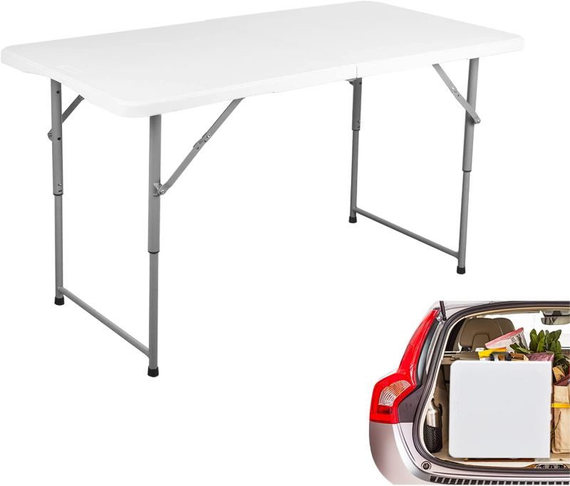 Photo 1 of  Folding Card Tables, Portable Folding Table Indoor Outdoor Heavy Duty Fold-in-Half Plastic Foldable Dining Table w/Handle, Lock for Picnic, Party, Camping(4ft)
