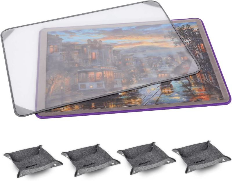 Photo 1 of Jigsaw Puzzle Board with Cover & Sorting Trays | Kidoodler 33x22 Portable Puzzle Mat for 1000 pcs with 4 Foldable Sorting Trays | 4mm Reinforced Hardboard | Non-Slip Surface | Purple