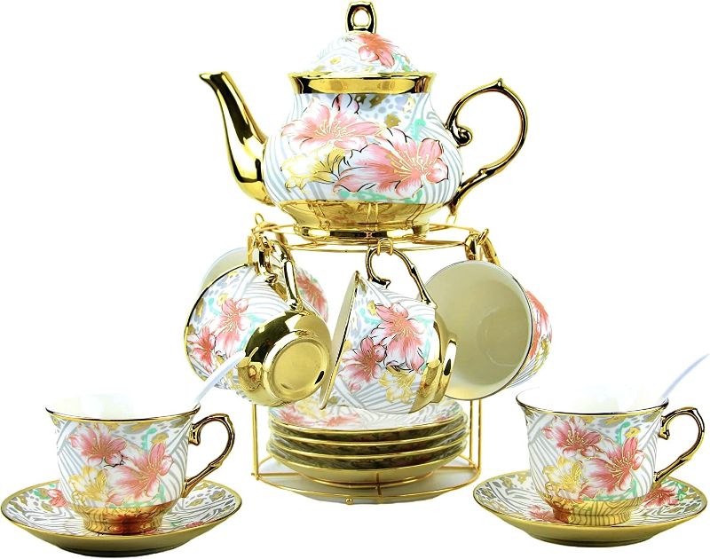 Photo 1 of 20 Pieces Porcelain Tea Set With Metal Holder, European Ceramic tea set for adults,Flower Tea Set,Tea Set For Women With Flower Painting (Large version, White)