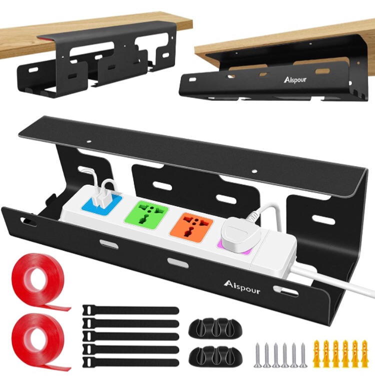 Photo 1 of Aispour Under Desk Cable Management Tray, No Drill Under Desk Cable Tray, 2 Pack 31.5'' Steel Under Desk Tray, Cable Wire Management Raceway for Cords, Under Table Cable Management Standing Desk