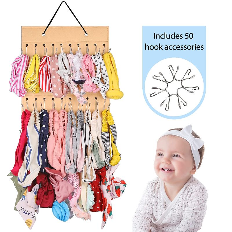 Photo 1 of AROUY Headband Holder Organizer - Hanging Baby Girl Newborn Headbands to Store and Display, Bows Holder with 50 Hooks, 21.6" x 12.2" (Z - Beige) 