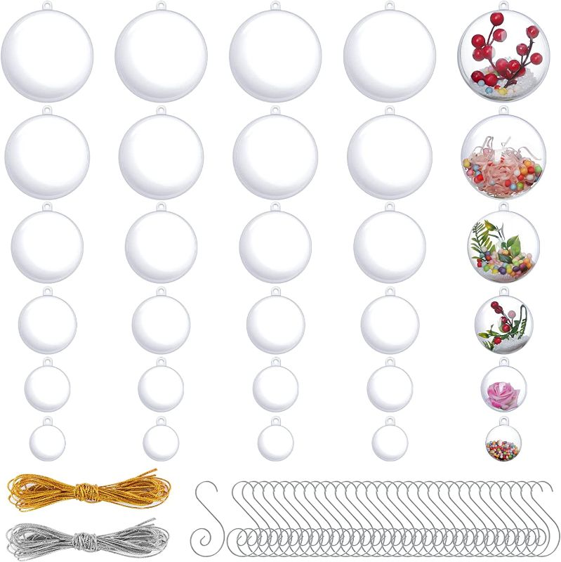 Photo 1 of 30 Pack Christmas Clear Plastic Fillable Ornaments Balls for Holiday Wedding Party Home Decor, 6 Sizes (30, 40, 50, 60,70, 80mm) with Hooks and Strings 