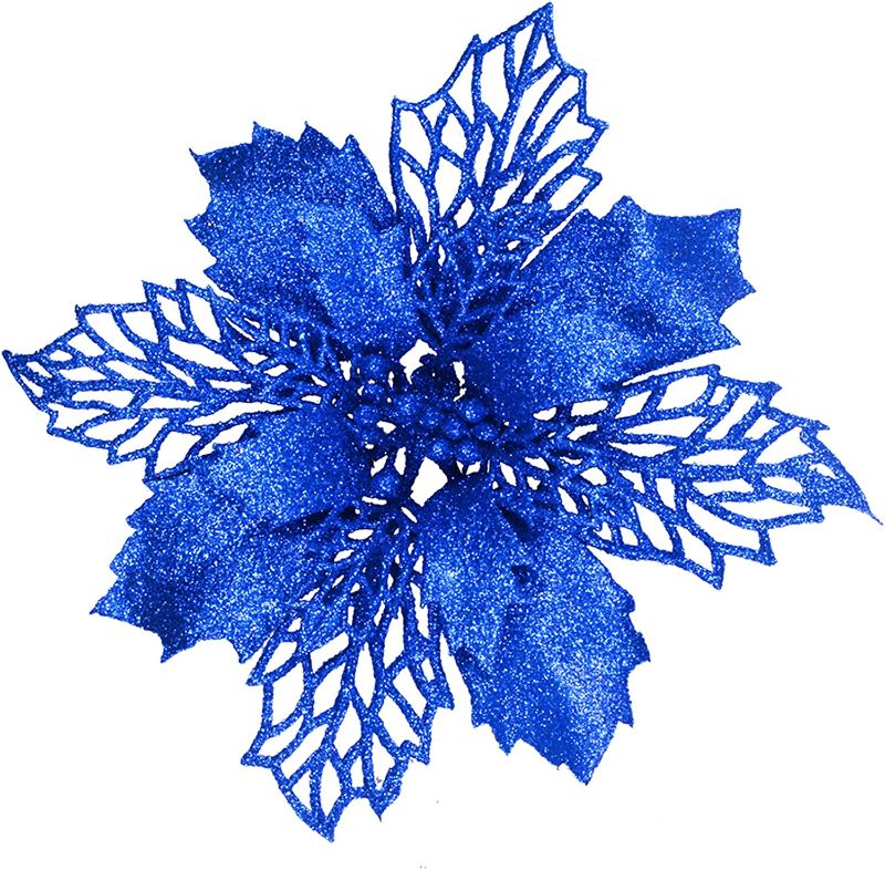 Photo 1 of 24 Pcs Christmas Blue Glittered Mesh Holly Leaf Artificial Poinsettia Flowers Picks Tree Ornaments 5.9" W for Blue Christmas Tree Wreath Garland Floral Gift Wedding Holiday Winter Decoration 