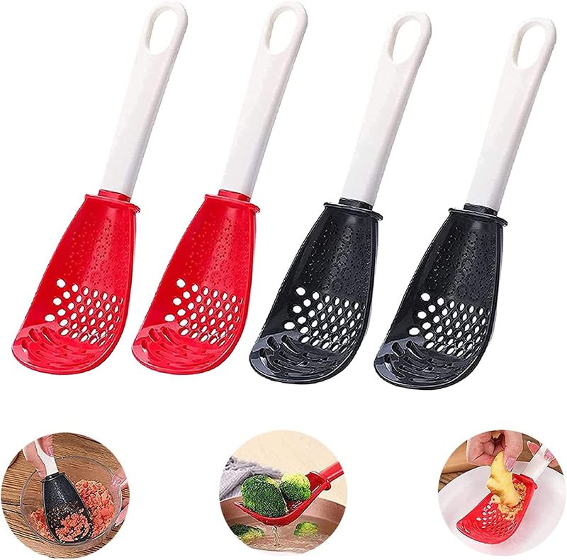 Photo 1 of 4 PCS Multifunctional Cooking Spoon, All Purpose Kitchen Tool Skimmer Scoop Colander Strainer Grater Masher, Food-Grade High Temperature Resistant Cooking Gadgets (2Red+2Black) 