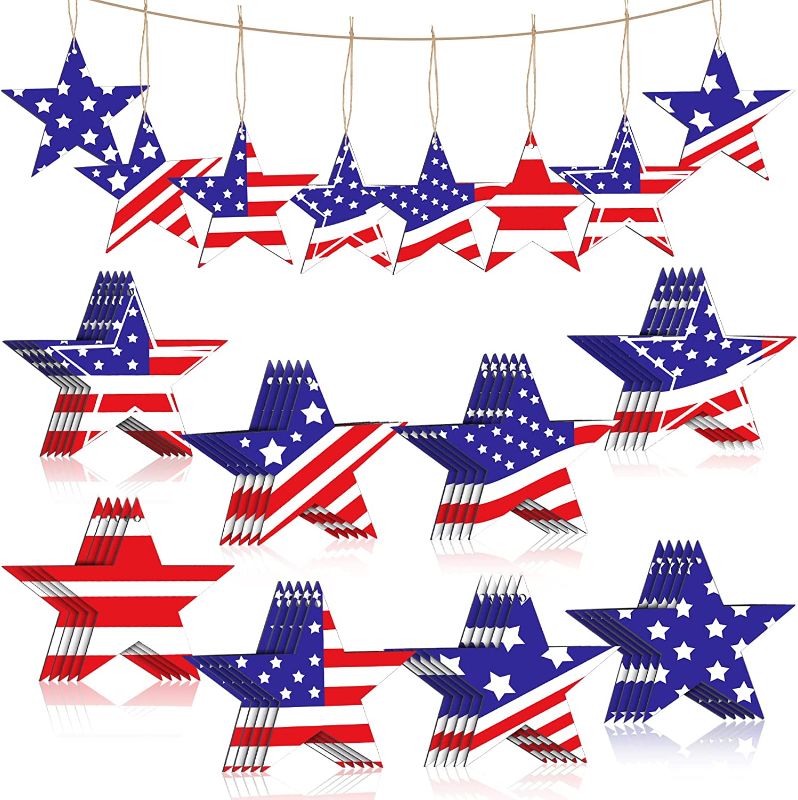 Photo 1 of 32 Pcs Patriotic Wooden Star Ornaments 4th of July Printing Five Pointed Star Hanging Ornaments Wood Cutout Slices with Hanging Cord for Independence Day Party Table Shelf Decor (Star Style) 