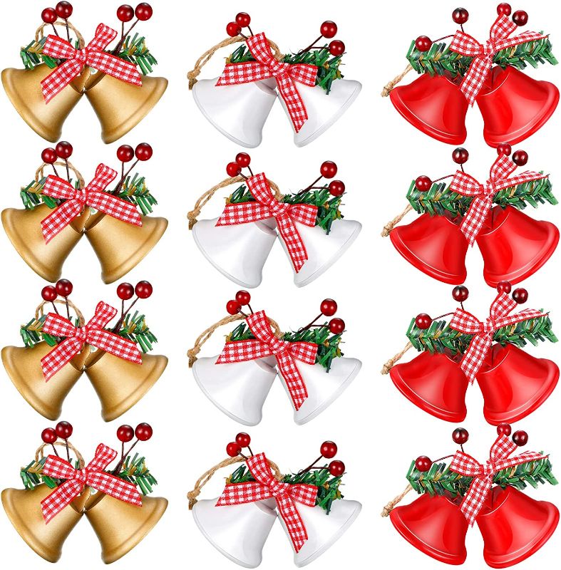 Photo 1 of 12 Pcs Christmas Tree Bells Ornaments Metal Christmas Bells Xmas Tree Hanging Decorations Christmas Bows Sleigh Bells for Crafts Holiday Party Favors Supplies (Gold, Red, White) 