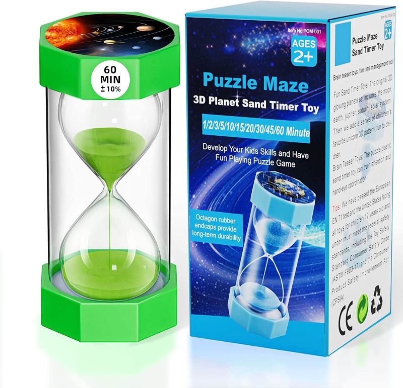 Photo 1 of CNCJ Sand Timer 60 Minute Hourglass with Maze & 3D Solar System Pattern Sand Watch 60 Min, Green Small Sand Clock 60 Min, Plastic Color Hour Glass Sandglass for Kids, Games, Classroom, Kitchen, Decor 