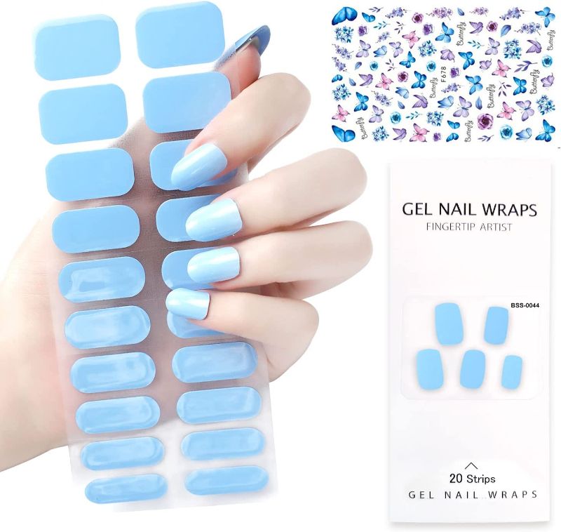 Photo 1 of 20 Stickers Semi Cured Gel Nail Strips,1 Sheet Butterfly Nail Art Stickers Glitter, Ombre Gradient, Works with Any UV Nail Lamps, Salon-Quality, Long Lasting, Easy to Apply & RemoveSets for Yourself, Sisters, Mothers (Sky Blue(044))
