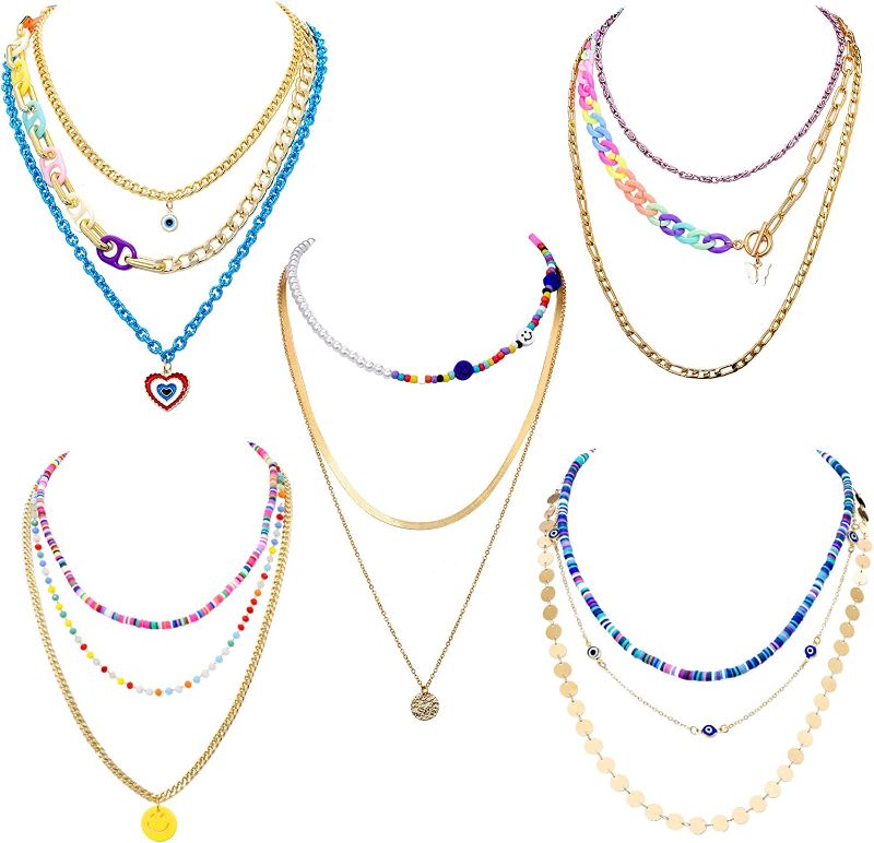 Photo 1 of 5 Pcs Layered Y2k Necklace Set for Women- Cute Necklaces Set for Teen Girls - Y2k Fashion Rave Outfit 