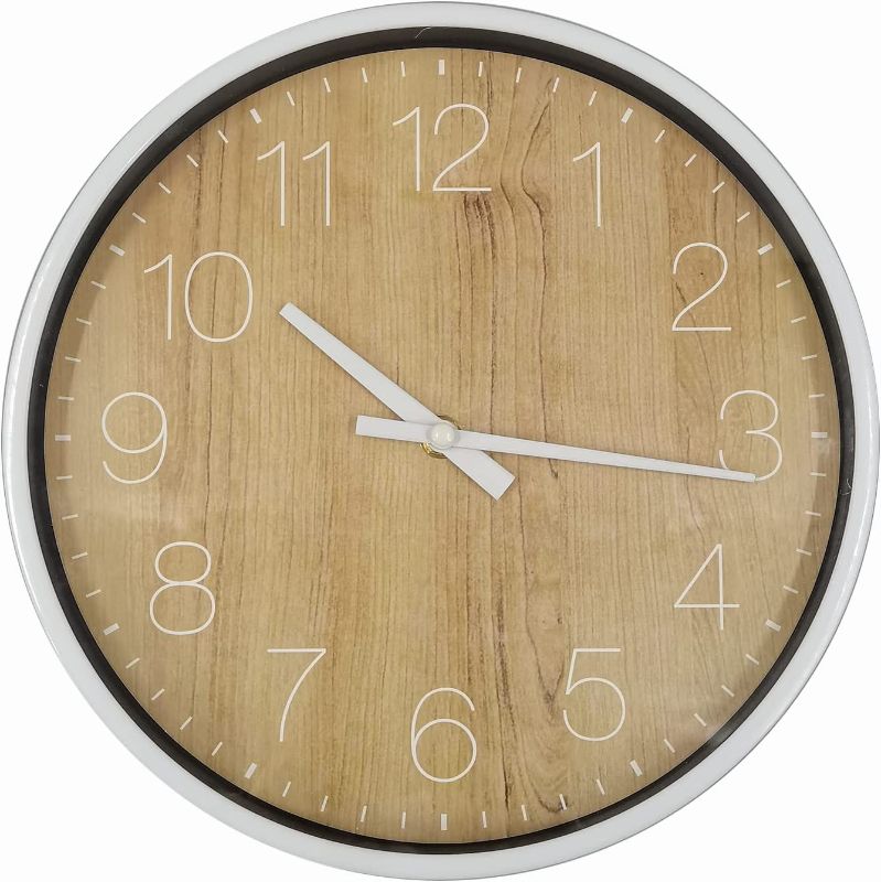 Photo 1 of ANDSTAR 10.5 Inch Wooden Design Silent Non-Ticking Quartz Wall Clock Big Numbers Easy to Read Wall Clocks Decorative for Office School Bedroom Home(Wood Grain with White Frame) 