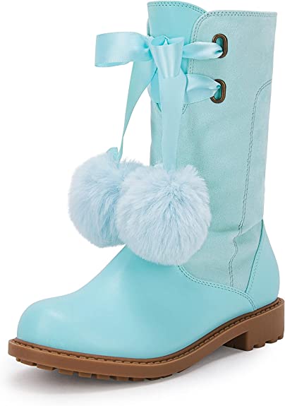 Photo 1 of [Size 10] Coutgo Girls' Boots Mid Calf Lug Sole Side Zipper Winter Boot with Bowknot Pom-poms 