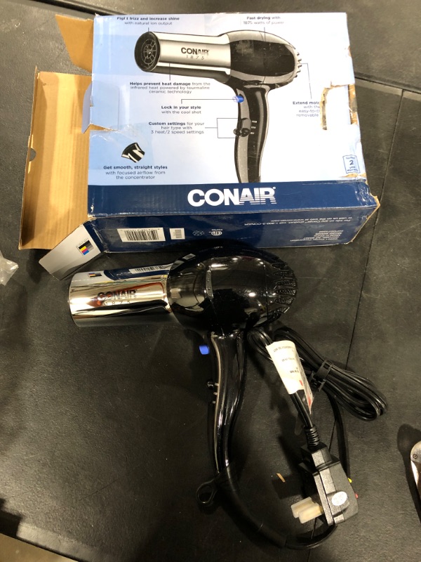 Photo 2 of Conair Hair Dryer, 1875W Full Size Hair Dryer with Ionic Conditioning, Blow Dryer Black/Chrome