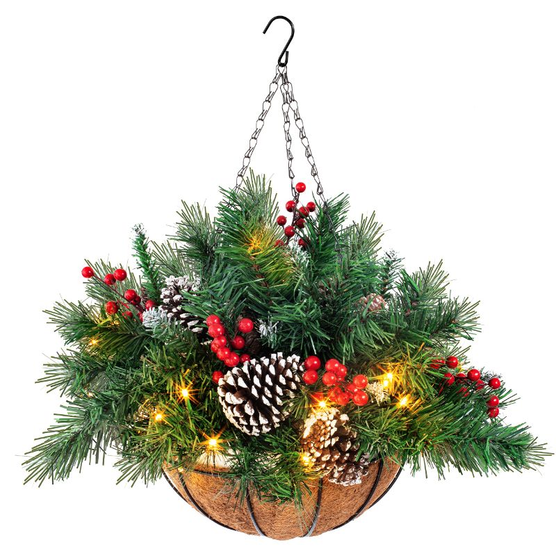 Photo 1 of 20" Christmas Prelit Hanging Basket, Artificial Hanging Decor with Frosted Cones, Red Berries, 35 Warm White Lights for Outdoor Decorations