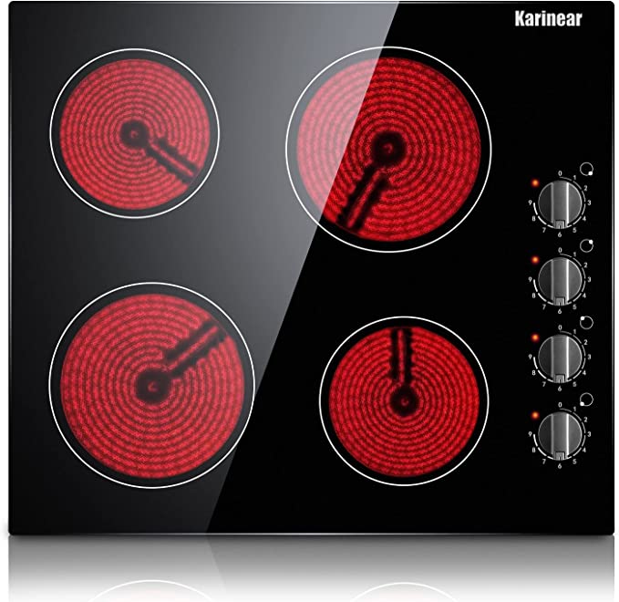 Photo 1 of Karinear 4 Burner Electric Cooktop 24 Inch, Built-in Electric Stove Top, 220-240v Electric Radiant Cooktop with Knob Control, Residual Heat Indicator, Over-Temperature Protection, Hard Wire(No Plug)