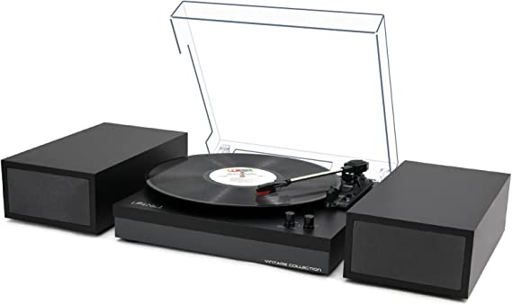 Photo 1 of LP&No.1 Bluetooth Vinyl Record Player with External Speakers, 3-Speed Belt-Drive Turntable for Vinyl Albums with Auto Off and Bluetooth Input,Black Leather with Grey Speakers