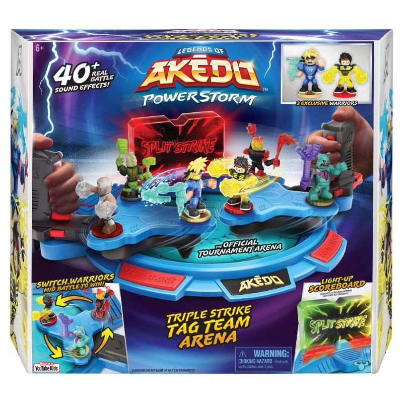 Photo 1 of Akedo Powerstorm Triple Strike Tag Team Arena with 40+ Battle Sound Effects Light up Scoreboard and 2 Battling Warriors Exclusive to the Playset Boy
