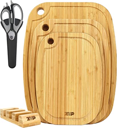 Photo 1 of ZVP Bamboo Cutting Board for Kitchen 5 Pieces, Extra Large Wood Chopping Board Set with Multifunctional Kitchen Scissors, Holder, Juice Grooves, Non-Slip, Hang Hole, for Meat Vegetables, Natural Color
