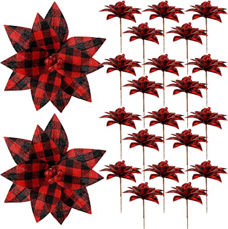 Photo 1 of 20 Pieces Buffalo Plaid Poinsettias Christmas Tree Ornaments Artificial Christmas Flowers Christmas Poinsettias for Rustic Christmas Tree Wreaths Garland Holiday Decorations (Black and Red)
