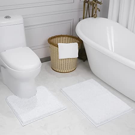 Photo 1 of 2pc Non-Slip Shaggy Chenille Bathroom Mat Set, Includes 20 x 20 Inches Toilet Contour Rug and 32 x 20 Inches Bathmat, Water Absorbent Carpet, White
