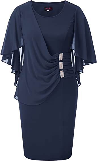 Photo 1 of Hanna Nikole Women's Plus Size Chiffon Ruffle Flattering Cape Sleeve Bodycon Pencil Dress
size 16w