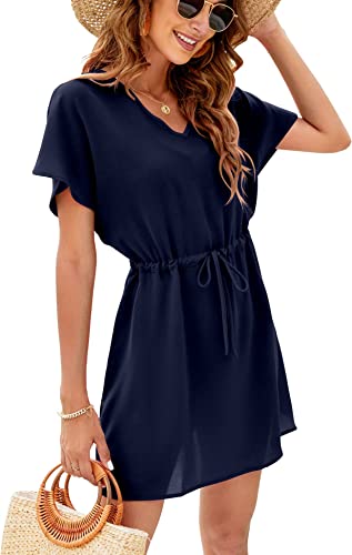 Photo 1 of Bluetime Women Casual Sexy Swim Cover up V-Neck Summer Beachwear Coverups Flowy Short Sleeve Mini Beach Dress Small Navy Blue