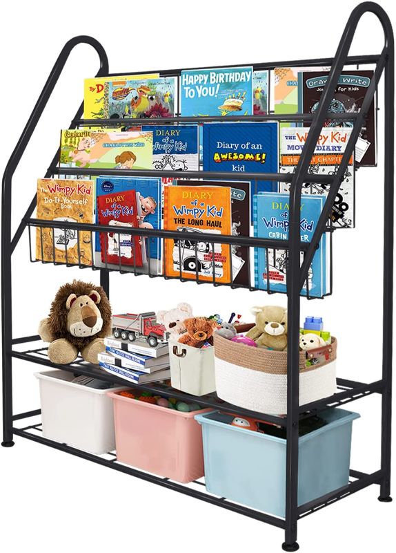 Photo 1 of aboxoo Metal Kids Black Bookshelf LargeFreestanding for Children Room 32 in Toy Organizer Large Stable Bookcase Bookstore Library Book Unit Storage Kids Bed Living Room https://a.co/d/2trVqz5