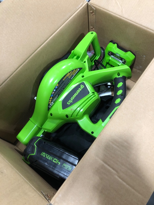 Photo 1 of Greenworks 40V 185 MPH Variable Speed Cordless Leaf Blower/Vacuum, 4.0Ah Battery and Charger Included 24322 & 40V 2.0 AH Lithium Ion Battery 29462
