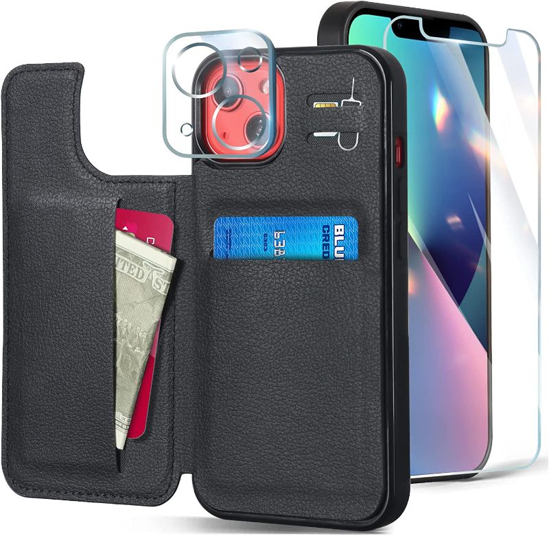 Photo 1 of 5 CoBak Compatible with iPhone 13 Wallet Case with Screen Protector, PU Leather Kickstand Card Slots Case, Double Magnetic Clasp Durable Shockproof Cover 6.1 Inch,Black