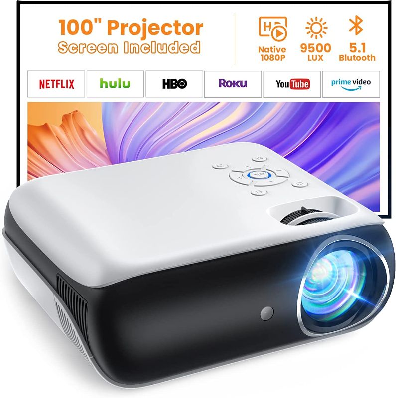 Photo 1 of Projector, Native 1080P Bluetooth Projector with 100''Screen, 9500L Portable Outdoor Movie Projector Compatible with Smartphone, HDMI,USB,AV,Fire Stick, PS5
