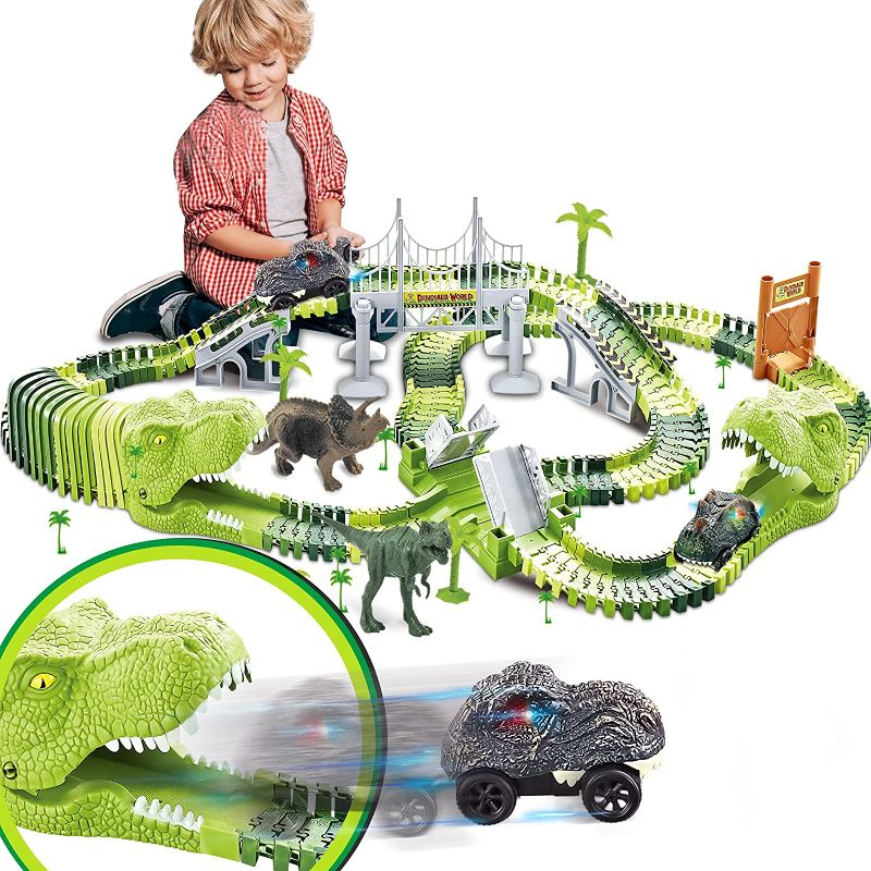 Photo 1 of Dinosaurs Race Track Toy for Boys Girls Race Car Track for Kids Age 3-6 Dino Toys with 144 Flexible Track, 2 LED Dinosaur Racing Cars, Toddler Birthday Gift
