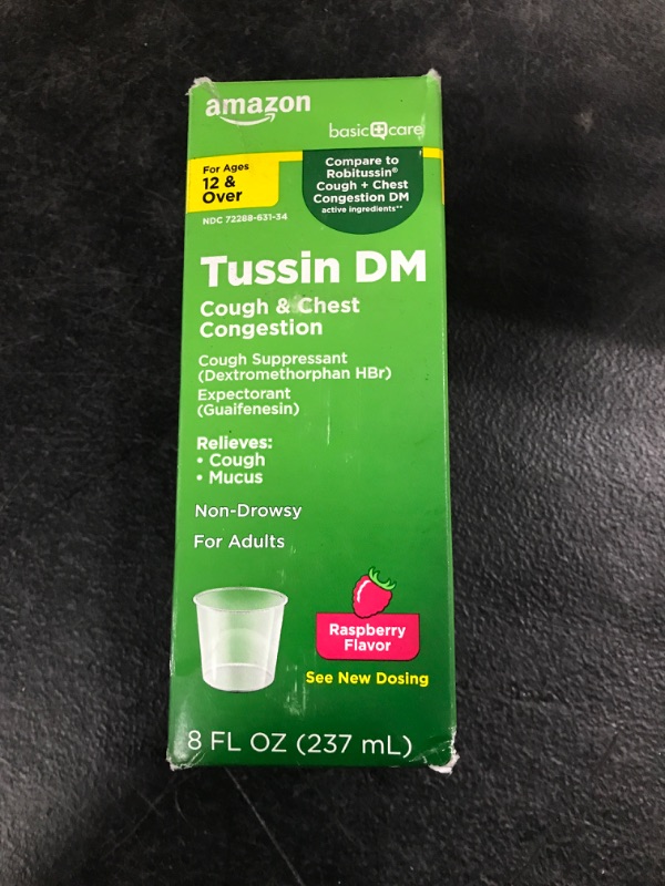 Photo 2 of Amazon Basic Care Tussin Cough Plus Chest Congestion DM, Raspberry Flavor, 8.0 Fluid Ounce
EXP 12/2023