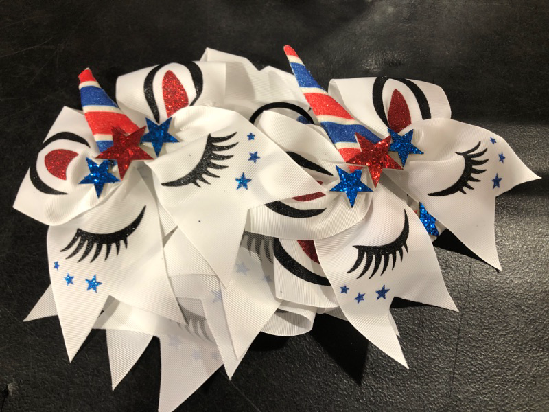 Photo 2 of 4th of July Cheer Bows American USA Patriotism Team Bows 6Pcs Patriotic Flag Cheerleader Hair Bows with Elastic Ponytail Holder for Competition Independence Day Girls Teens Kids (USA Unicorn Cheer Bows)