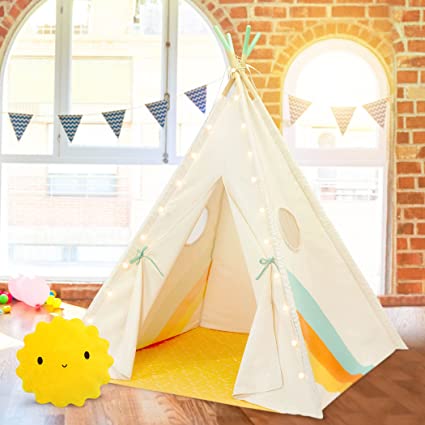 Photo 1 of B. Toys – Kids’ Play Tent – Indoor Play Tent – String Lights & Sun Pillow – Cotton Canvas Tent for Reading, Games – B. spaces – Happy Hideaway – 3 Years +
