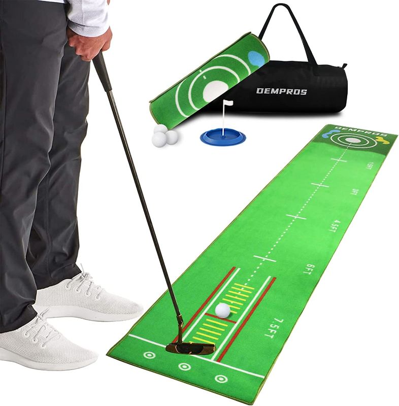 Photo 1 of DEMPROS Golf Putting Green Indoor Set 10 ft X 20 in with Fast Speed Putting Matt for Indoors Outdoors Putting Cup 3 Golf Balls and Portable Travel Bag as Putting Training Mat Putting Aid 