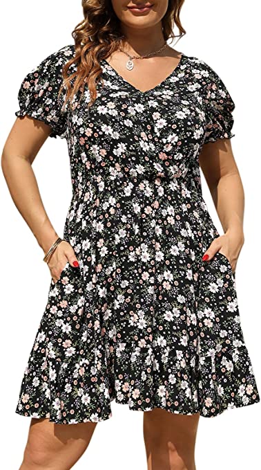 Photo 1 of 20W Celkuser Womens Plus Size Short Sleeve V Neck Casual Printed Floral Swing Mini Dress with Pockets
