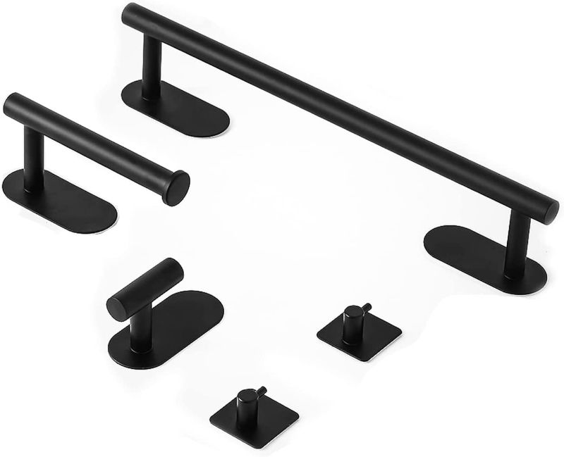 Photo 1 of 5-Pieces Self Adhesive Towel Bar Set -16 inch Matte Black Bath Towel Holder Include Towel Bar Rack & Toilet Paper Holder & 3 Towel Hooks?SUS304 Stainless Steel Bathroom Hardware Kit
