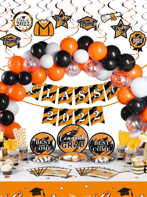 Photo 1 of 294 Pieces Graduation Party Supplies Set, Class of 2022 Graduation Decorations, Including Graduate Tableware Paper Plates Napkins Cups Plastic Tablecloth Banner Balloons Hanging Swirls (Orange)
